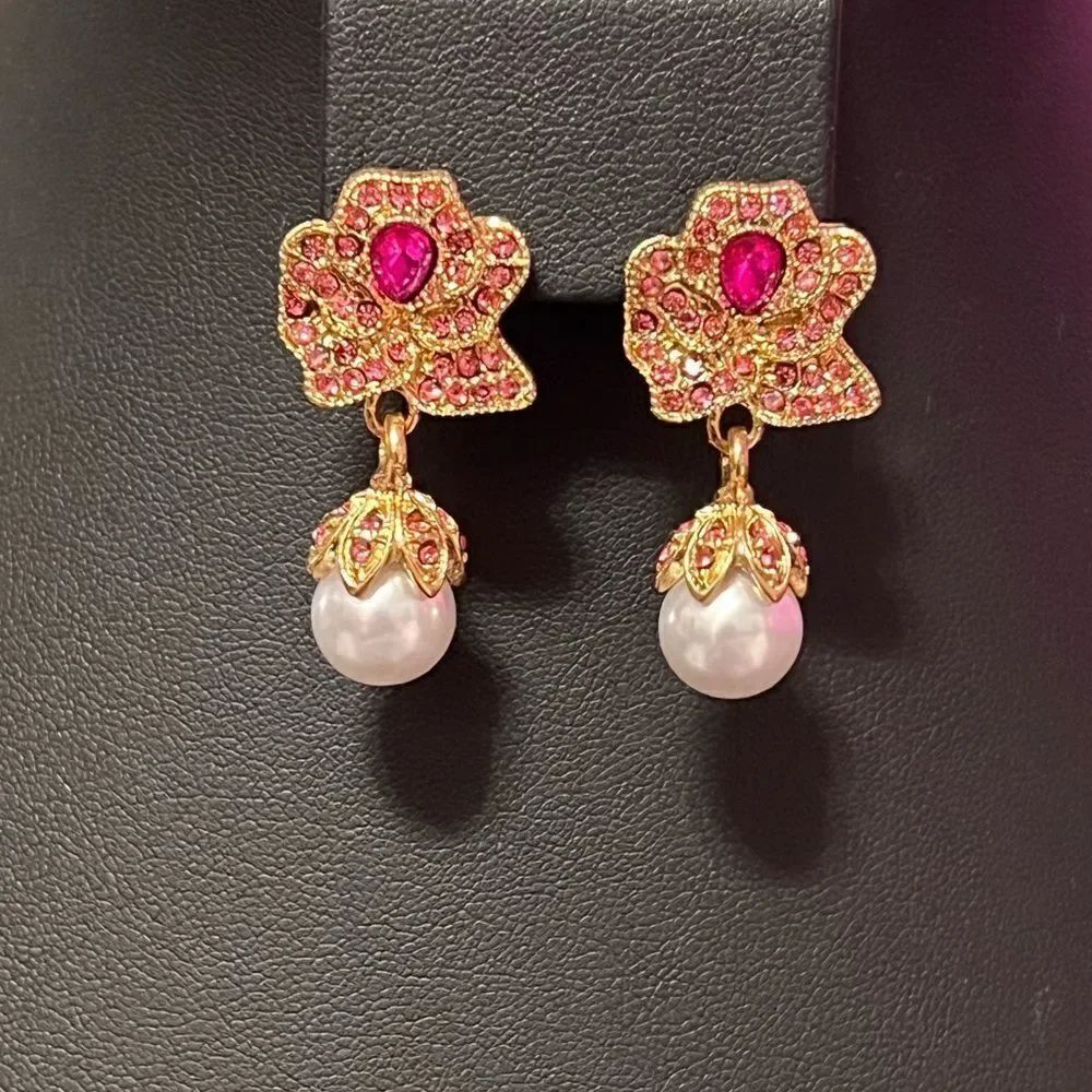Pink Rhinestone And Pearl Gold Tone Dangle Earrings Sterling Silver Posts